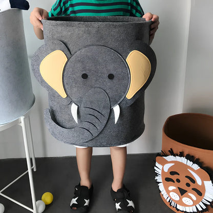 Cartoon animal felt storage basket in elephant design showing 35cm diameter and 37cm height dimensions