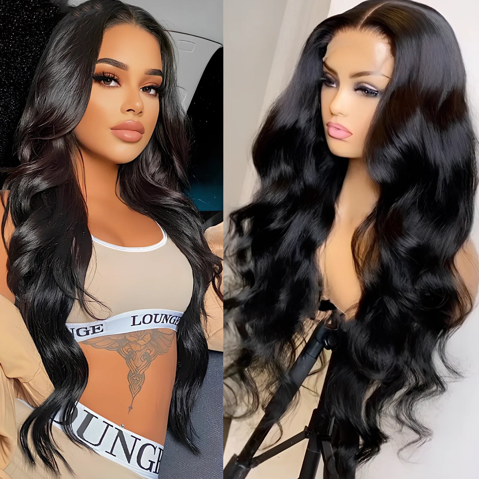 Human hair lace front wig with body wave styling in black colour, showing natural hairline and long bangs