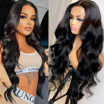 Human hair lace front wig with body wave styling in black colour, showing natural hairline and long bangs