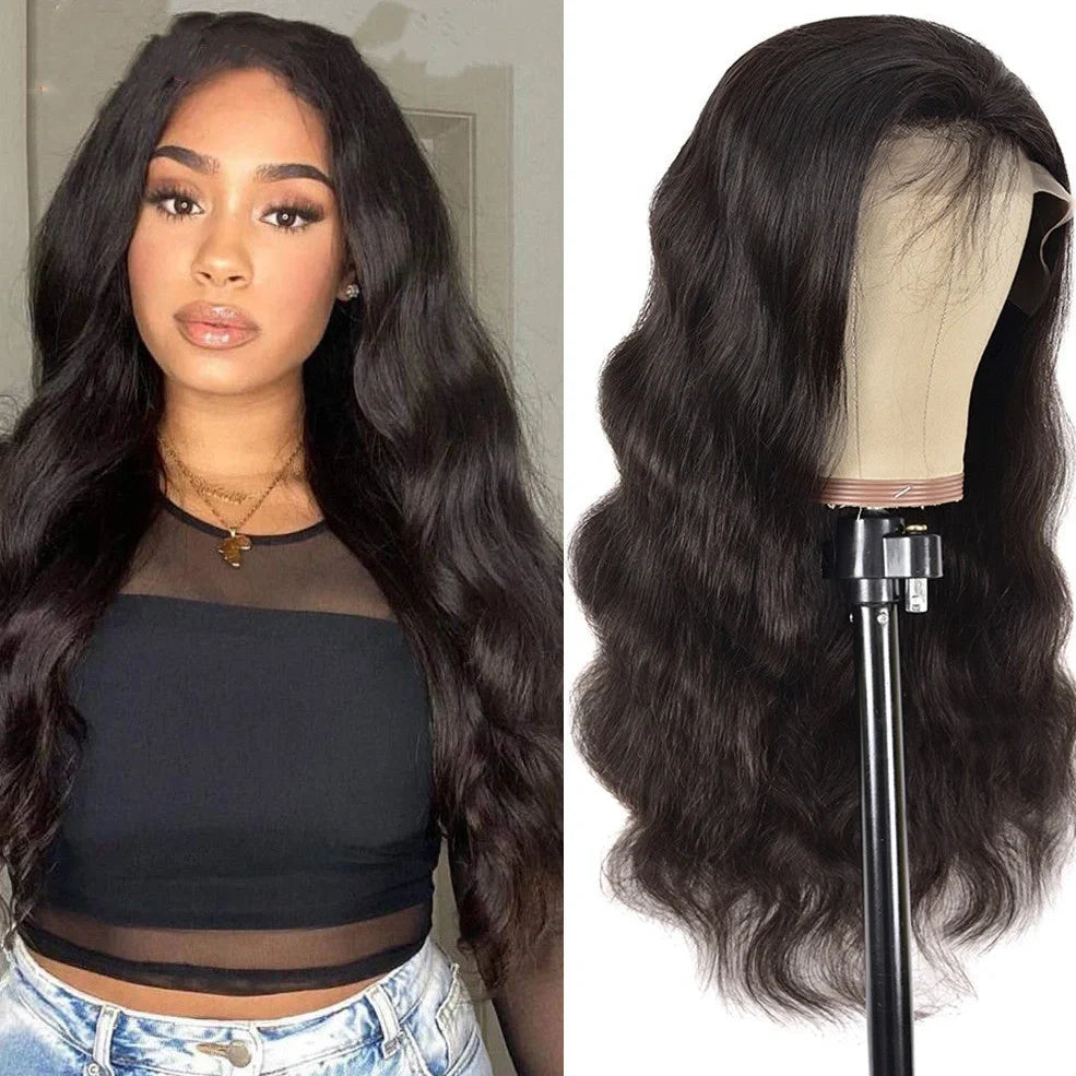 Human hair lace front wig with body wave styling in black colour, showing natural hairline and long bangs