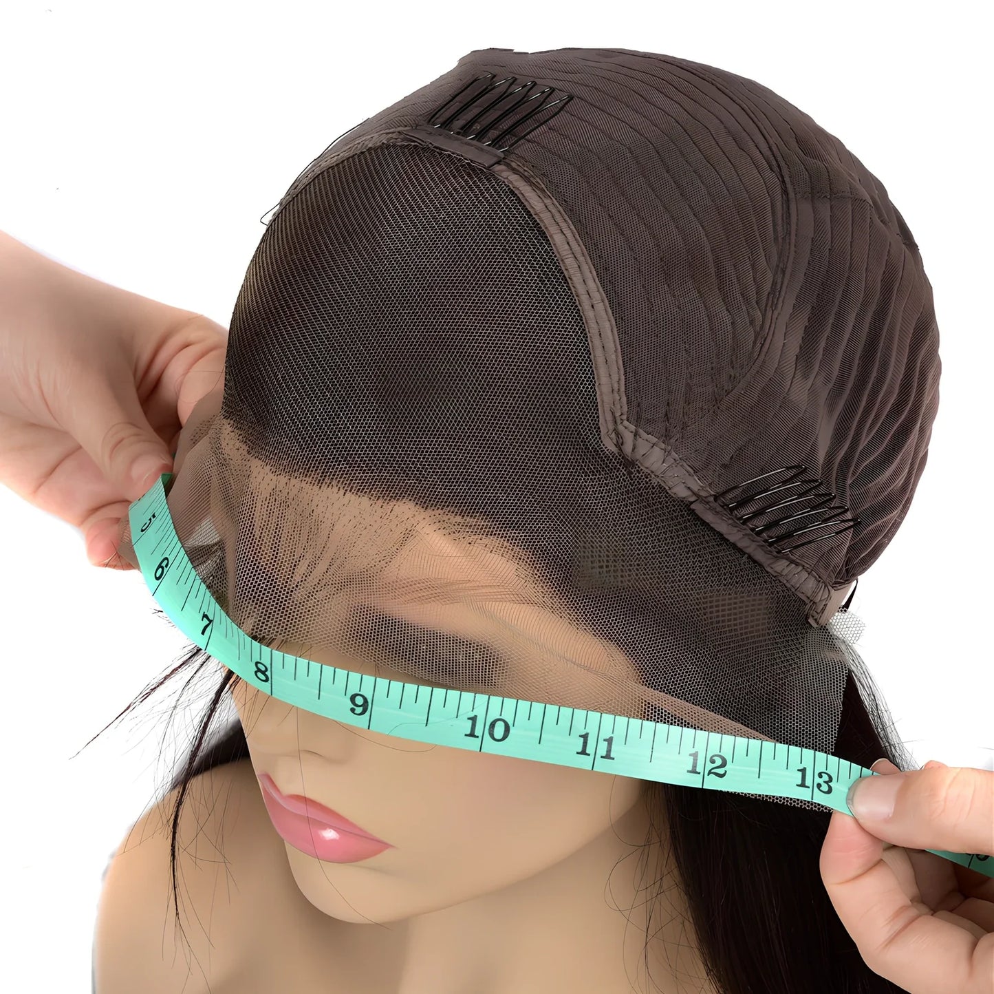 Human hair lace front wig with body wave styling in black colour, showing natural hairline and long bangs