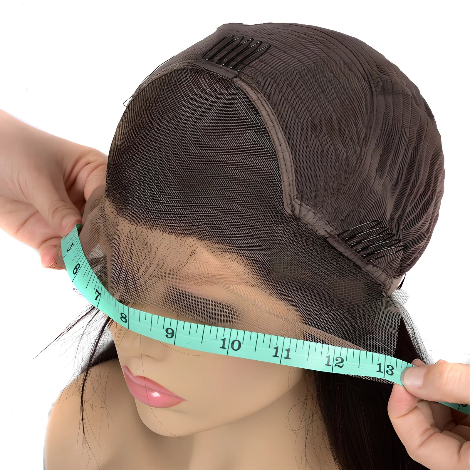 Human hair lace front wig with body wave styling in black colour, showing natural hairline and long bangs