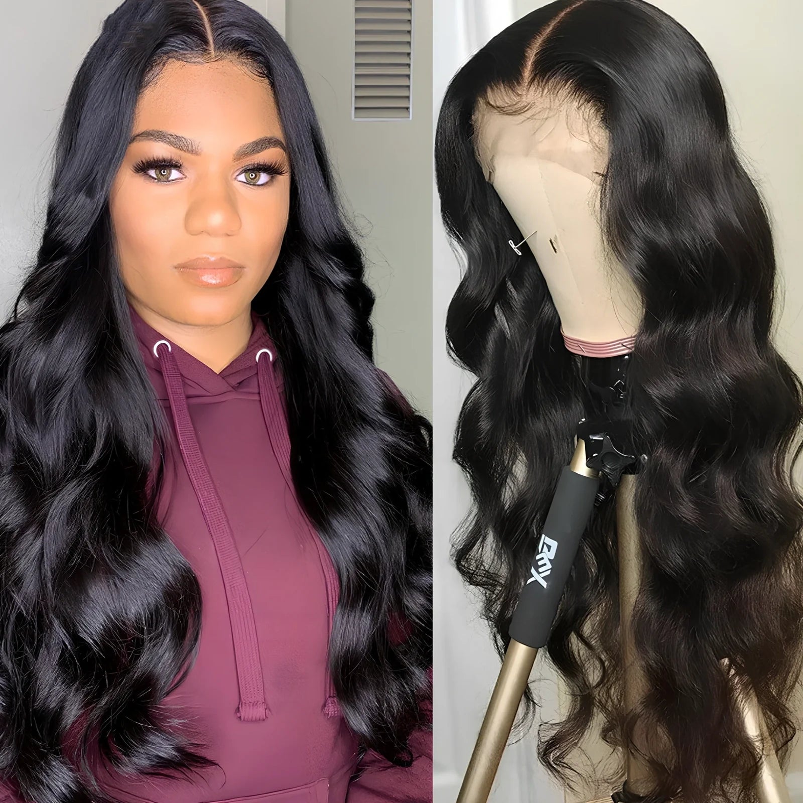 Human hair lace front wig with body wave styling in black colour, showing natural hairline and long bangs