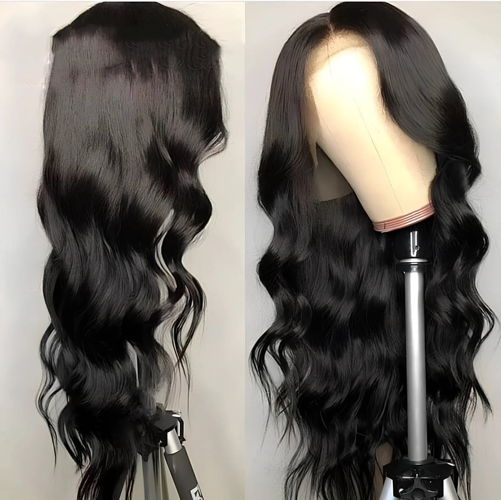 Human hair lace front wig with body wave styling in black colour, showing natural hairline and long bangs
