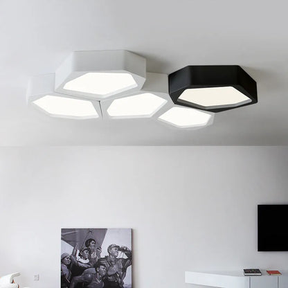 Geometric shaped LED light with iron shade in black or white frame, measuring 38×26cm with remote control