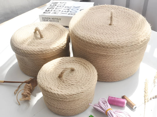 Japanese style fabric linen storage basket with a dustproof cover in three size options.