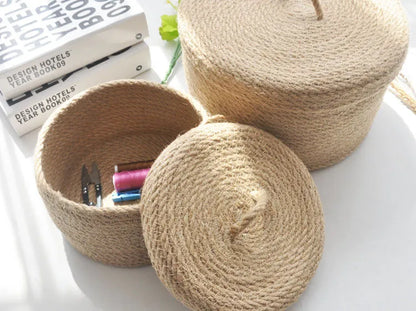 Japanese style fabric linen storage basket with a dustproof cover in three size options.