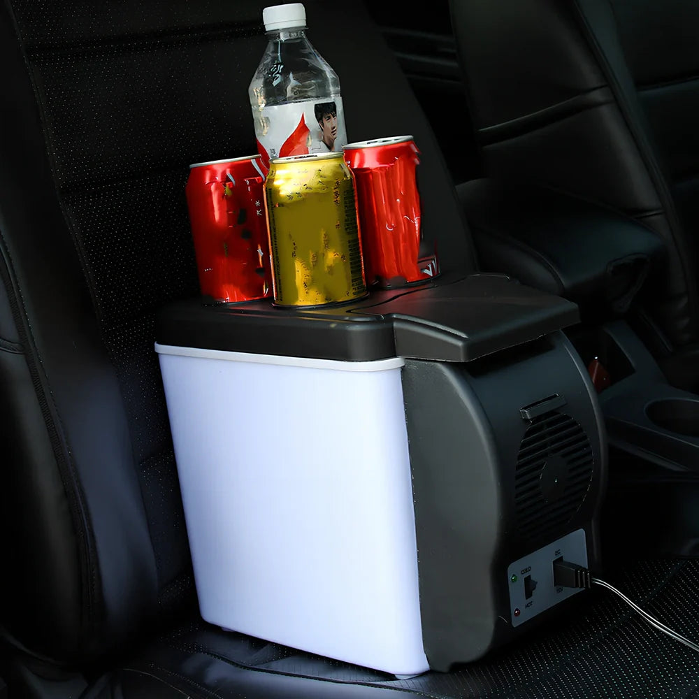 Portable 6-litre car refrigerator with ABS plastic construction and 12V power cable