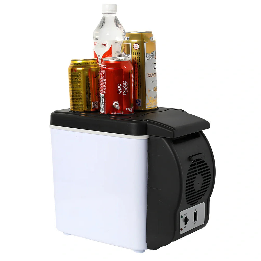 Portable 6-litre car refrigerator with ABS plastic construction and 12V power cable