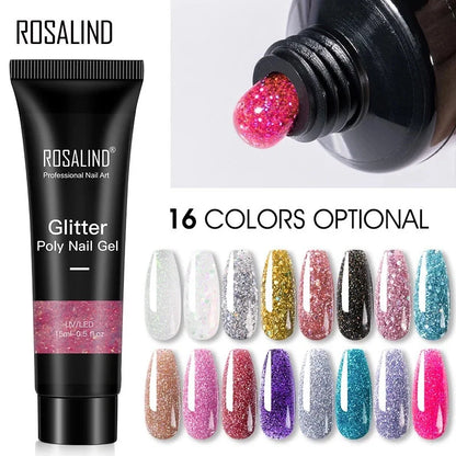 Glitter Poly Nail Gel Extension 15ml in 16 vibrant colors for durable, pearlescent manicures