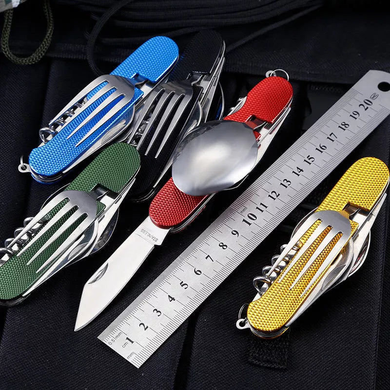 Detachable and foldable outdoor camping knife set in stainless steel