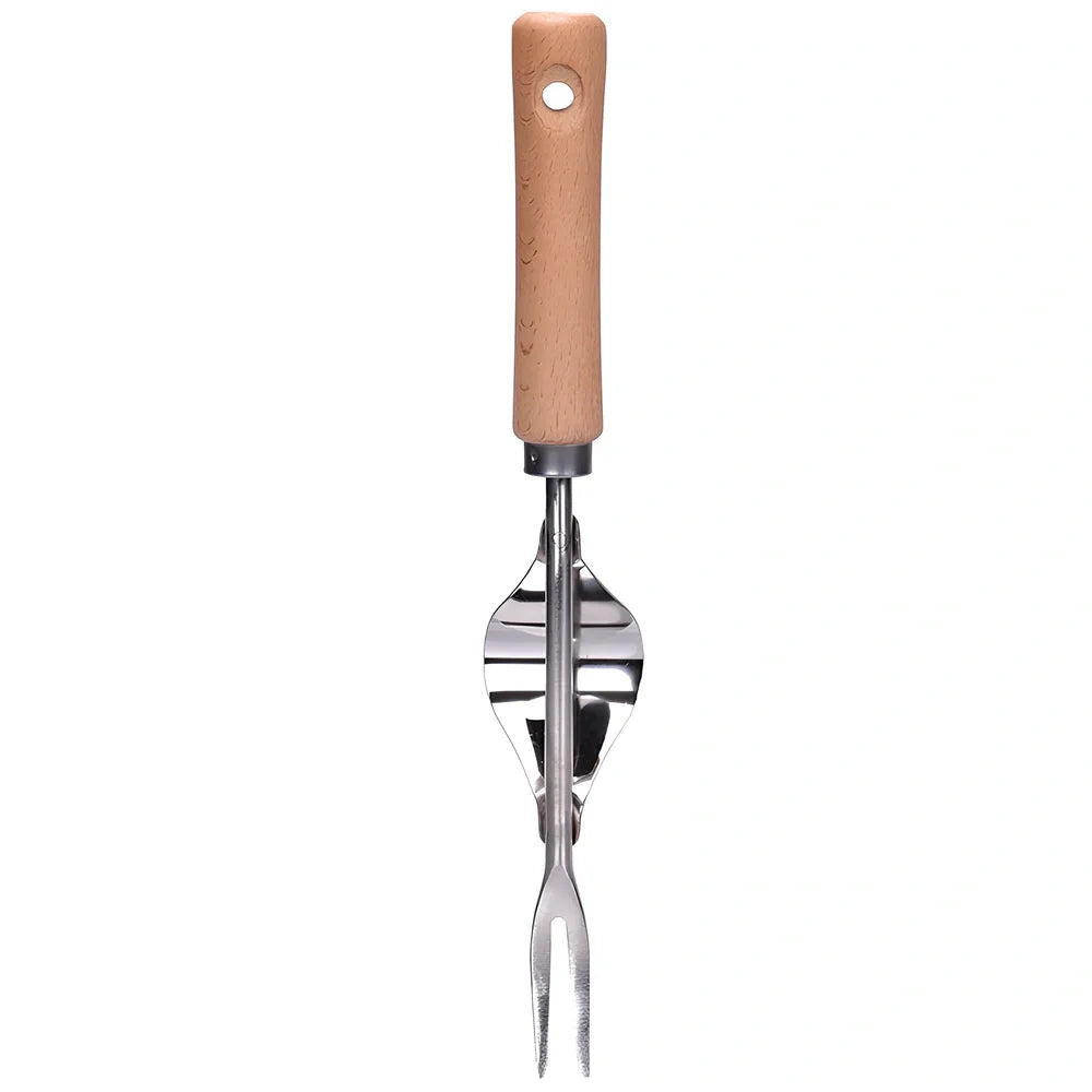 Stainless steel weeding tool with wood handle, curved metal base, and sharp forks for root extraction