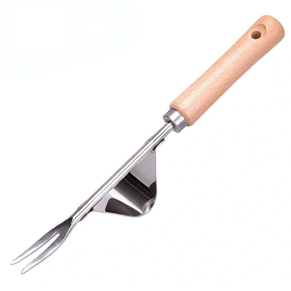 Stainless steel weeding tool with wood handle, curved metal base, and sharp forks for root extraction