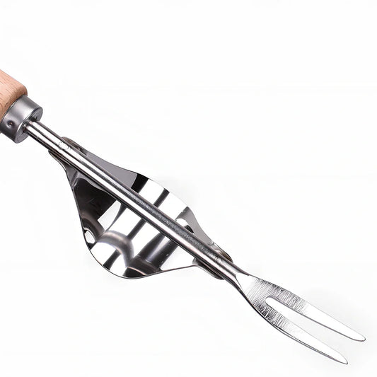 Stainless steel weeding tool with wood handle, curved metal base, and sharp forks for root extraction