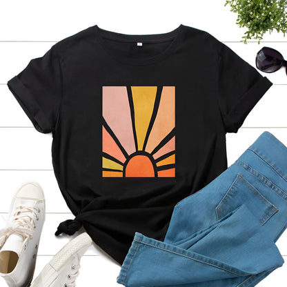Women's cotton graphic t shirt with short sleeves, round neck, and geometric sun scenery flower print, loose fit summer top.