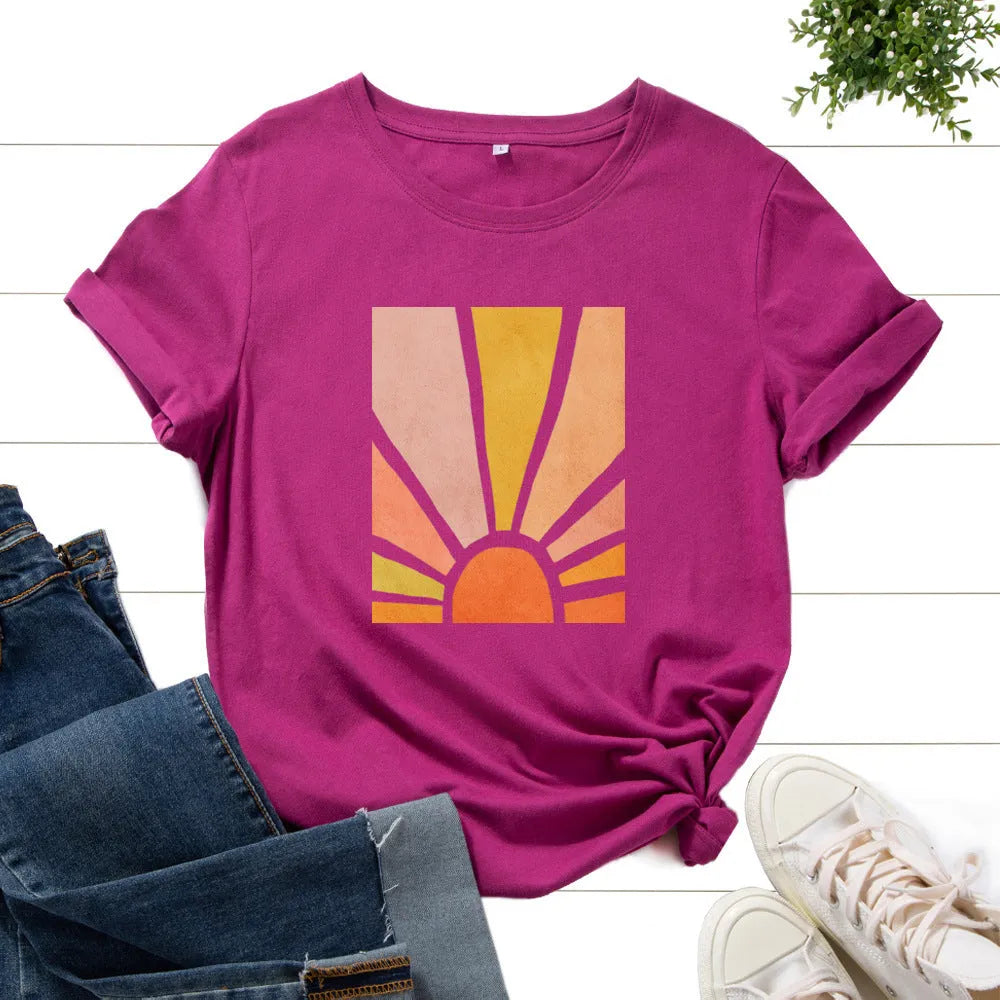 Women's cotton graphic t shirt with short sleeves, round neck, and geometric sun scenery flower print, loose fit summer top.