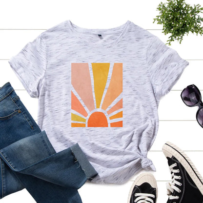 Women's cotton graphic t shirt with short sleeves, round neck, and geometric sun scenery flower print, loose fit summer top.