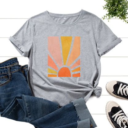 Women's cotton graphic t shirt with short sleeves, round neck, and geometric sun scenery flower print, loose fit summer top.