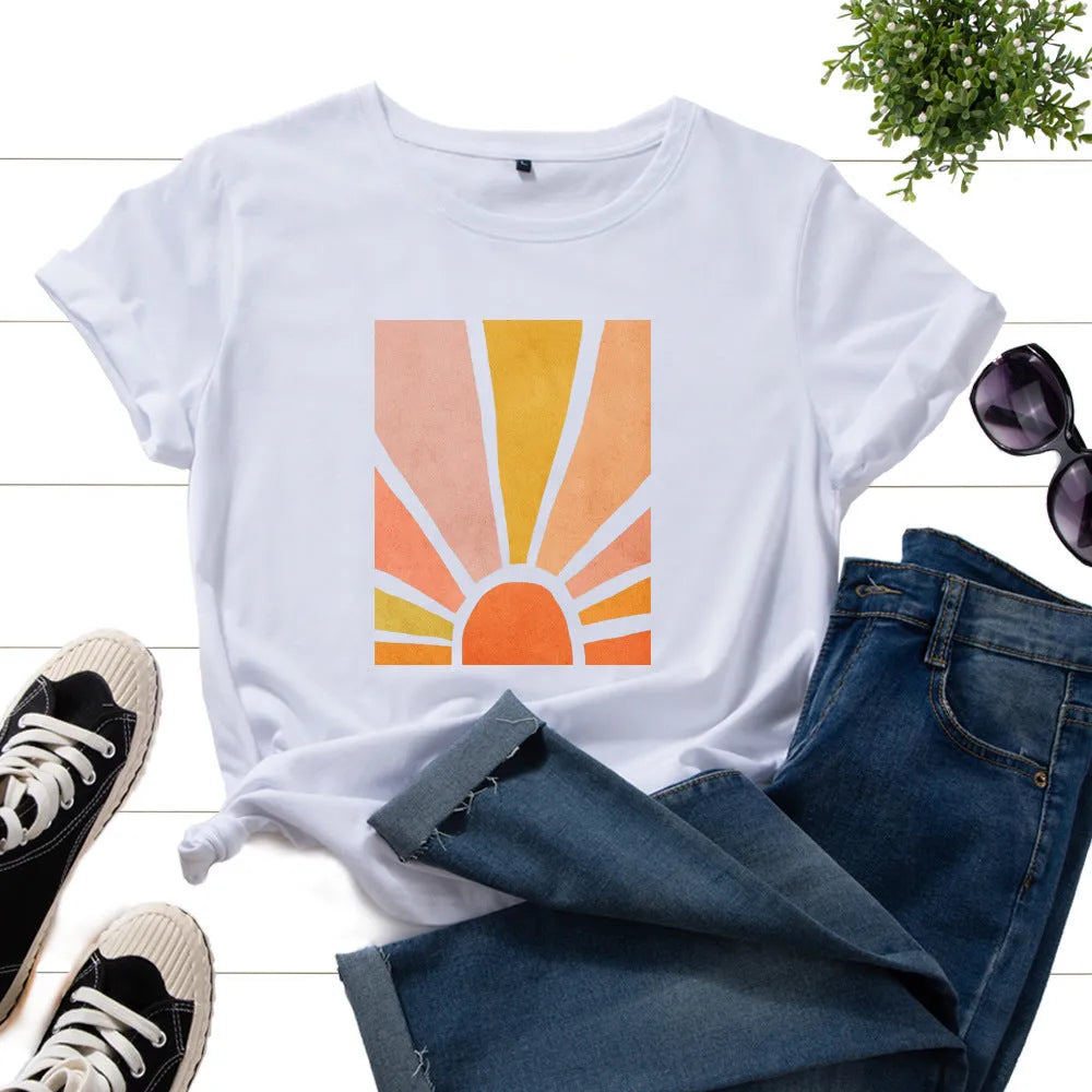 Women's cotton graphic t shirt with short sleeves, round neck, and geometric sun scenery flower print, loose fit summer top.