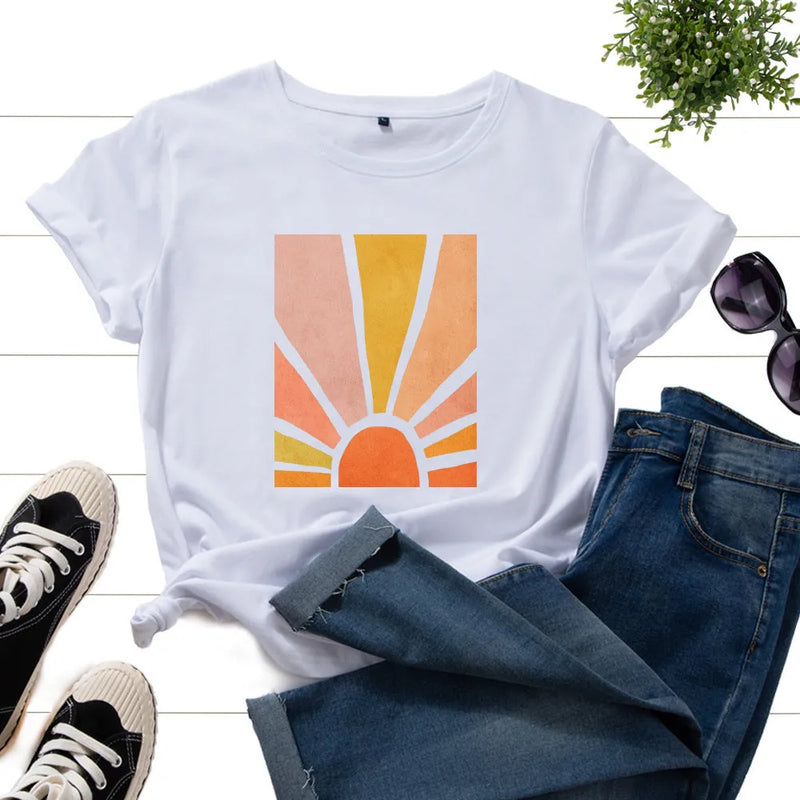 Women's Cotton Graphic T Shirt Short Sleeve Crew Neck Summer Top with Geometric Sun Scenery Flower Print, Loose Fit Casual Tee in Army Green, Black, Gray, Pink, White, Wine Red, Yellow, Sizes S to 5XL