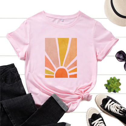 Women's cotton graphic t shirt with short sleeves, round neck, and geometric sun scenery flower print, loose fit summer top.