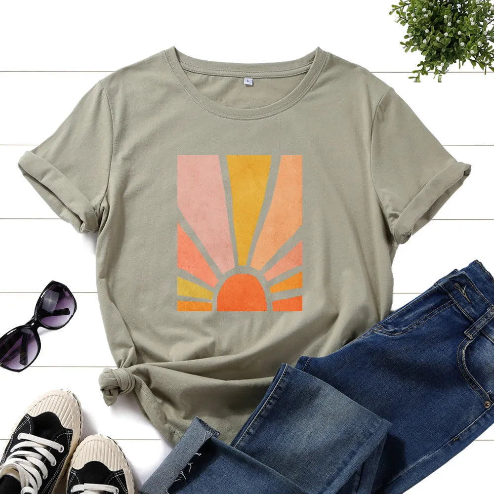 Women's cotton graphic t shirt with short sleeves, round neck, and geometric sun scenery flower print, loose fit summer top.