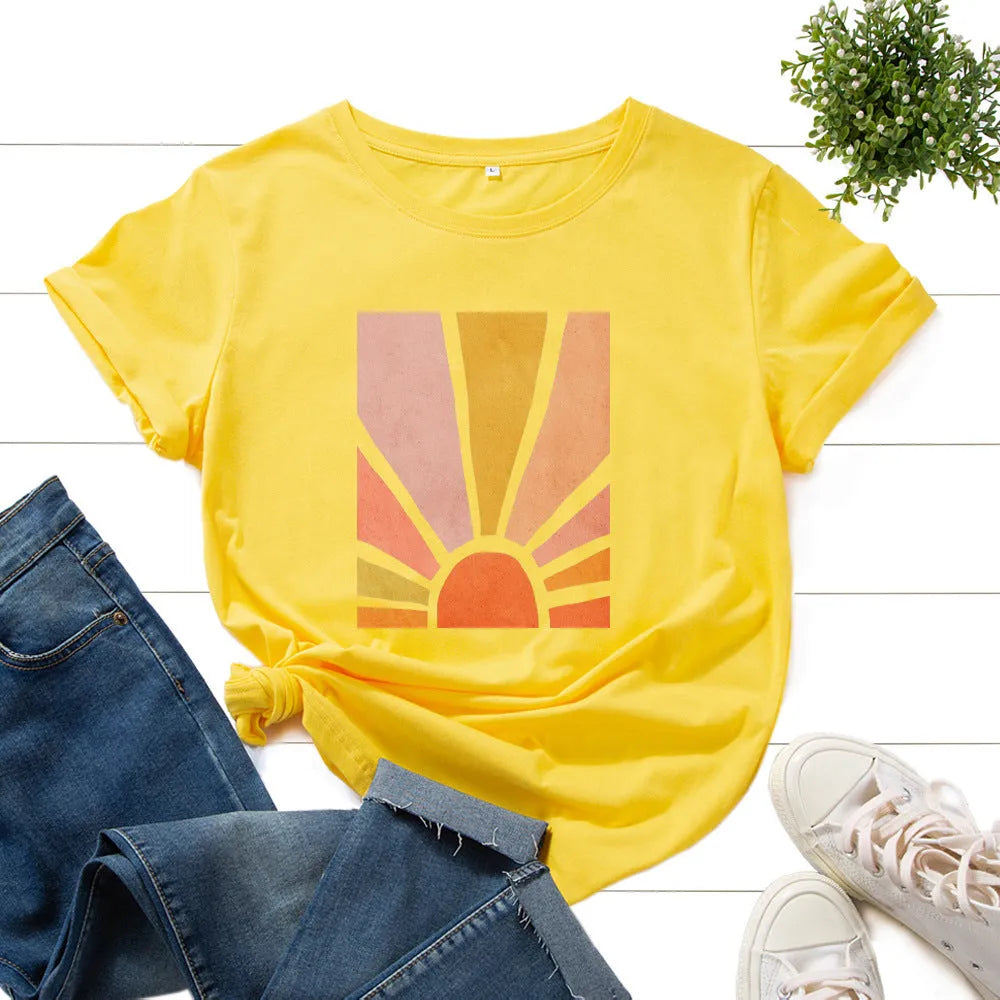 Women's cotton graphic t shirt with short sleeves, round neck, and geometric sun scenery flower print, loose fit summer top.
