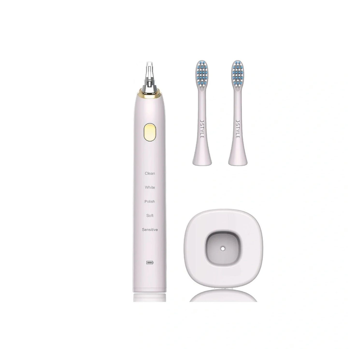 White waterproof electric toothbrush with inductive charging base showing 5 cleaning modes
