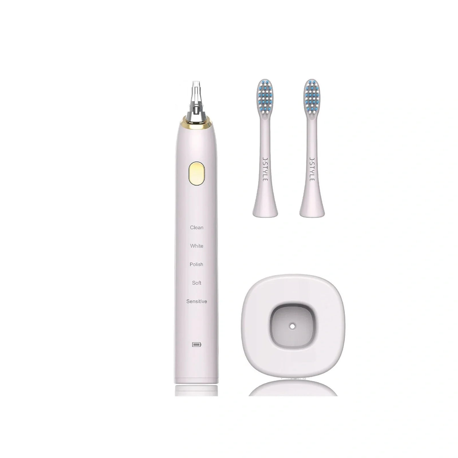 White waterproof electric toothbrush with inductive charging base showing 5 cleaning modes