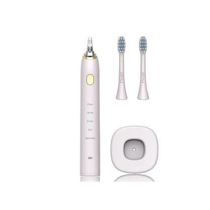 White waterproof electric toothbrush with inductive charging base showing 5 cleaning modes