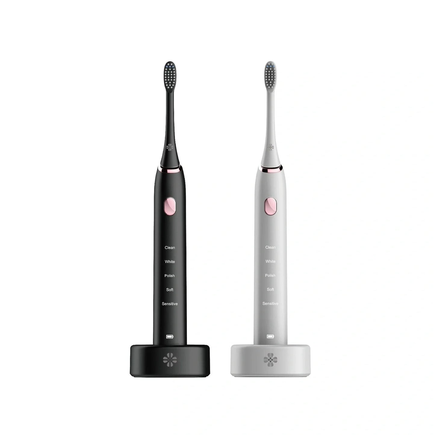 White waterproof electric toothbrush with inductive charging base showing 5 cleaning modes