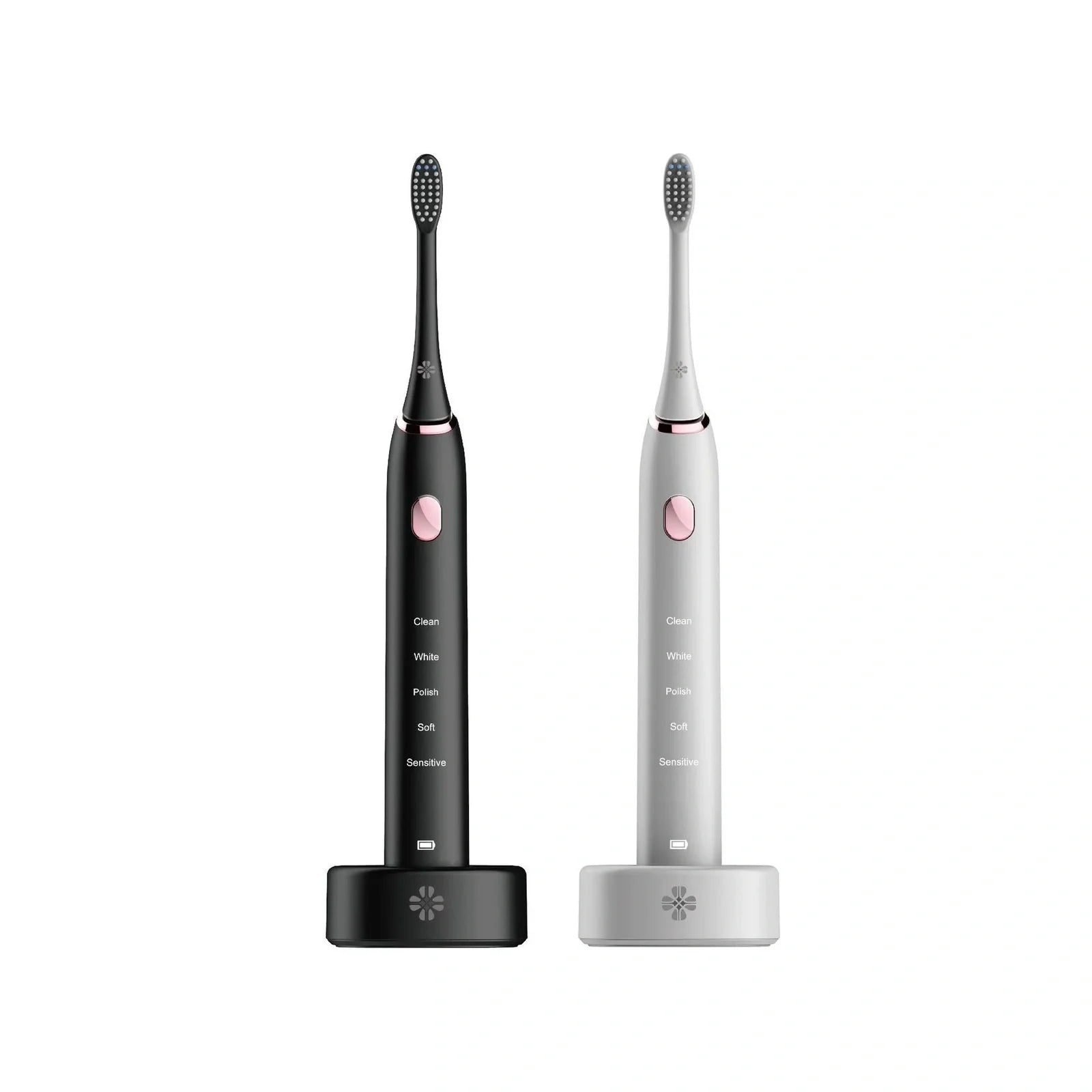 White waterproof electric toothbrush with inductive charging base showing 5 cleaning modes