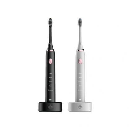 White waterproof electric toothbrush with inductive charging base showing 5 cleaning modes
