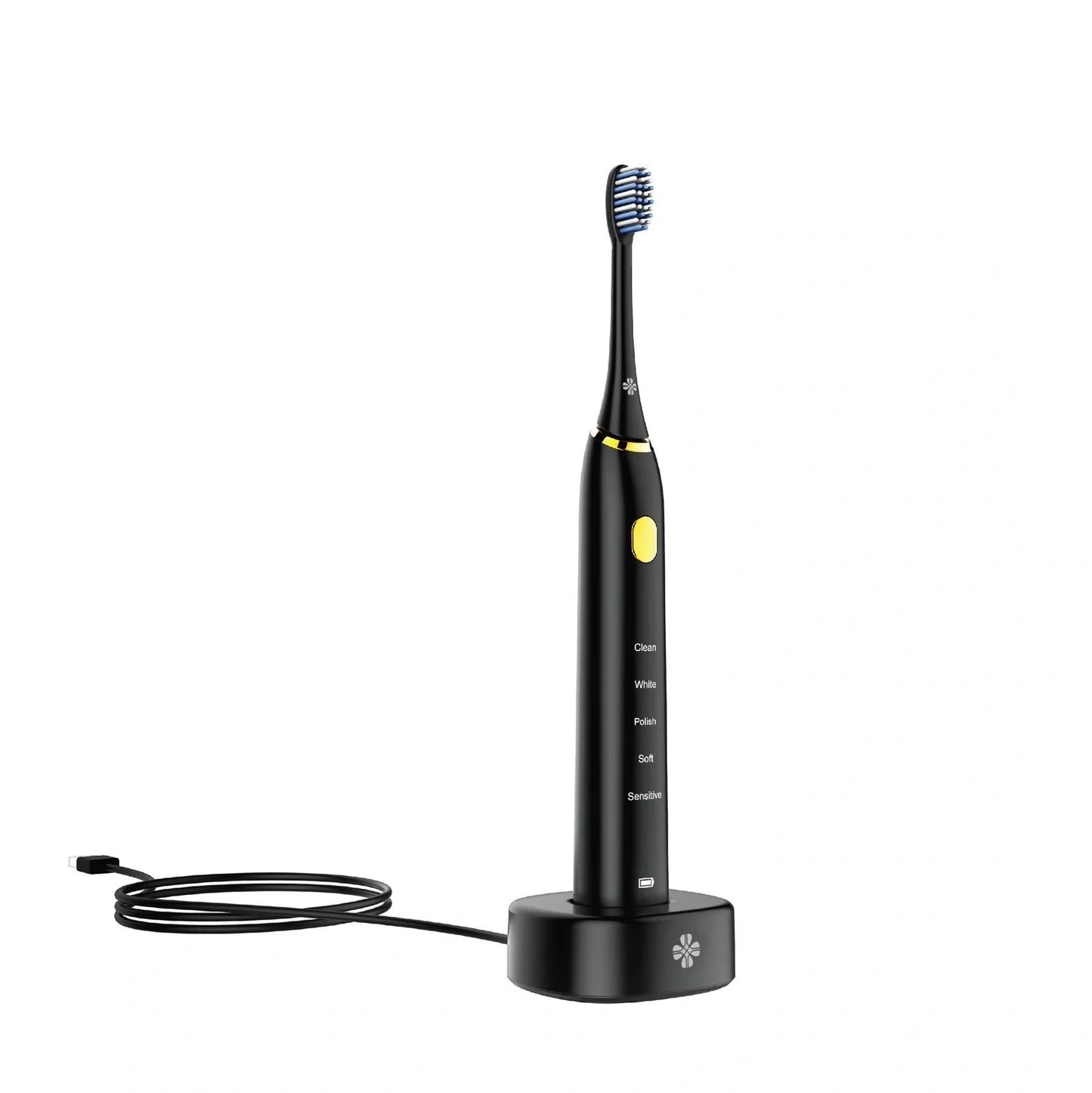 White waterproof electric toothbrush with inductive charging base showing 5 cleaning modes