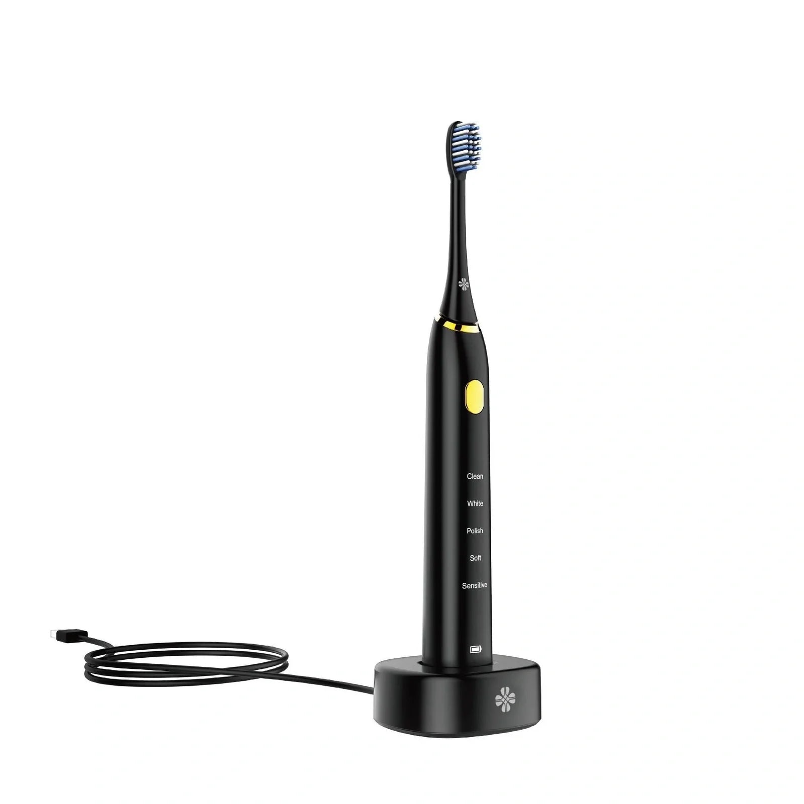 White waterproof electric toothbrush with inductive charging base showing 5 cleaning modes