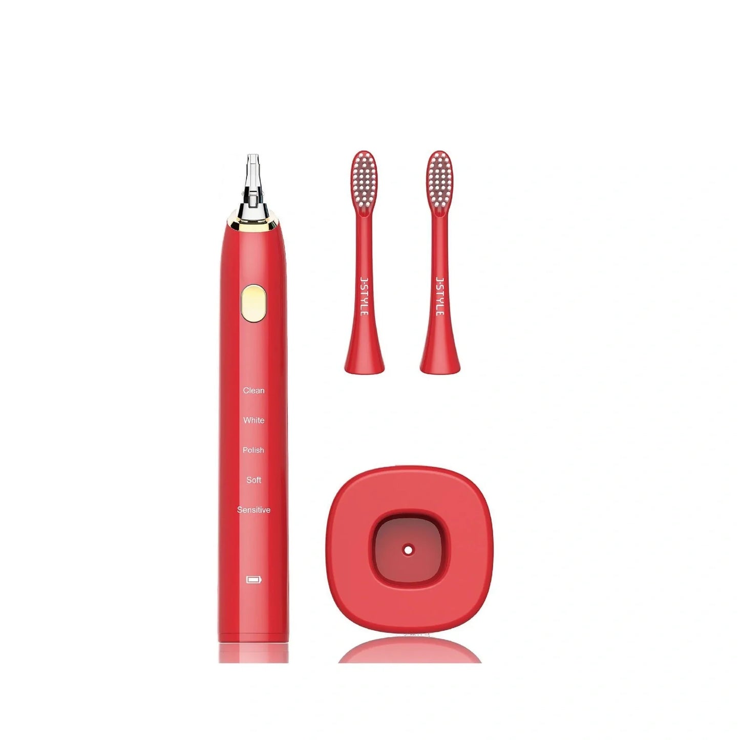 White waterproof electric toothbrush with inductive charging base showing 5 cleaning modes