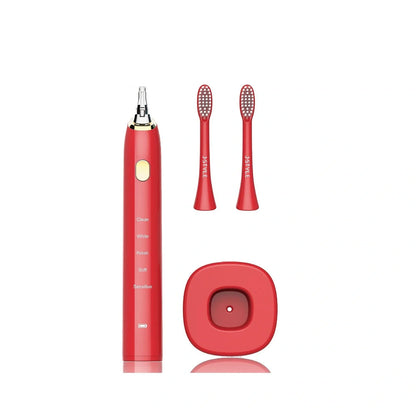 White waterproof electric toothbrush with inductive charging base showing 5 cleaning modes