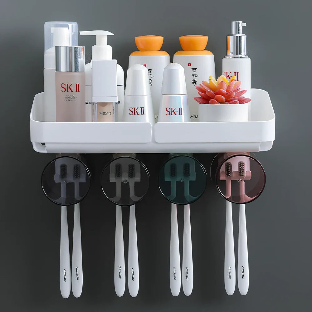Two-cup wall-mounted toothbrush rack with toothpaste squeezing mechanism in white ABS plastic