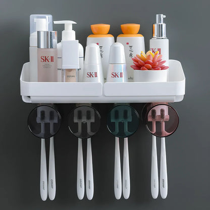 Two-cup wall-mounted toothbrush rack with toothpaste squeezing mechanism in white ABS plastic