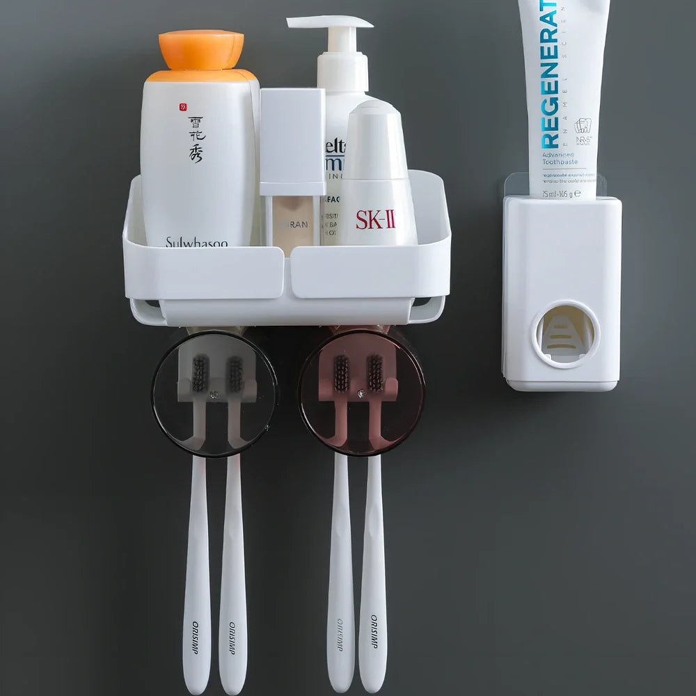 Two-cup wall-mounted toothbrush rack with toothpaste squeezing mechanism in white ABS plastic