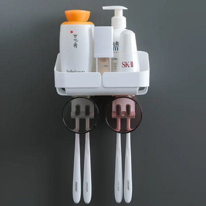Two-cup wall-mounted toothbrush rack with toothpaste squeezing mechanism in white ABS plastic