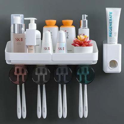 Two-cup wall-mounted toothbrush rack with toothpaste squeezing mechanism in white ABS plastic