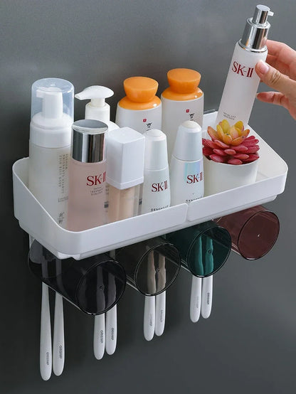 Two-cup wall-mounted toothbrush rack with toothpaste squeezing mechanism in white ABS plastic