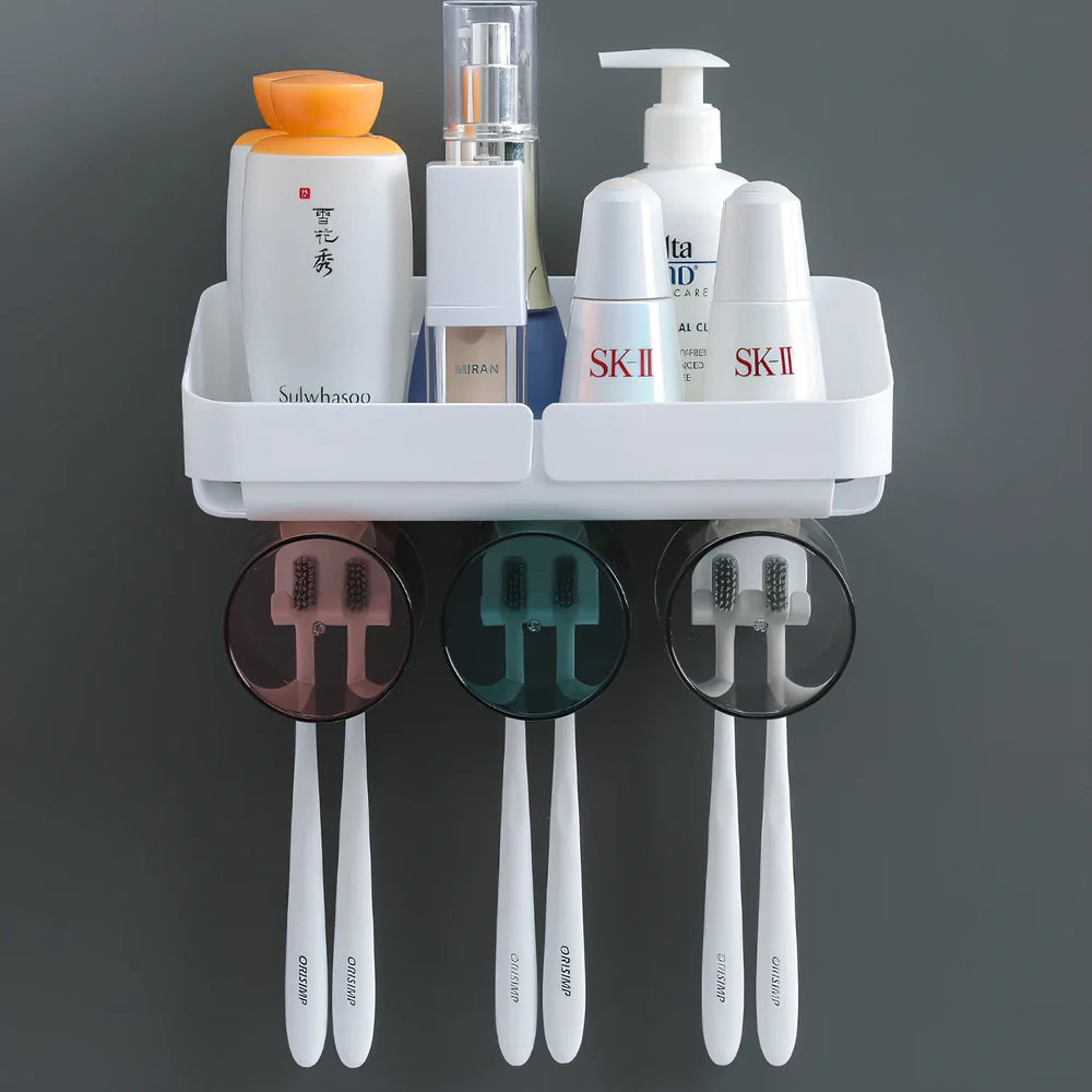 Two-cup wall-mounted toothbrush rack with toothpaste squeezing mechanism in white ABS plastic