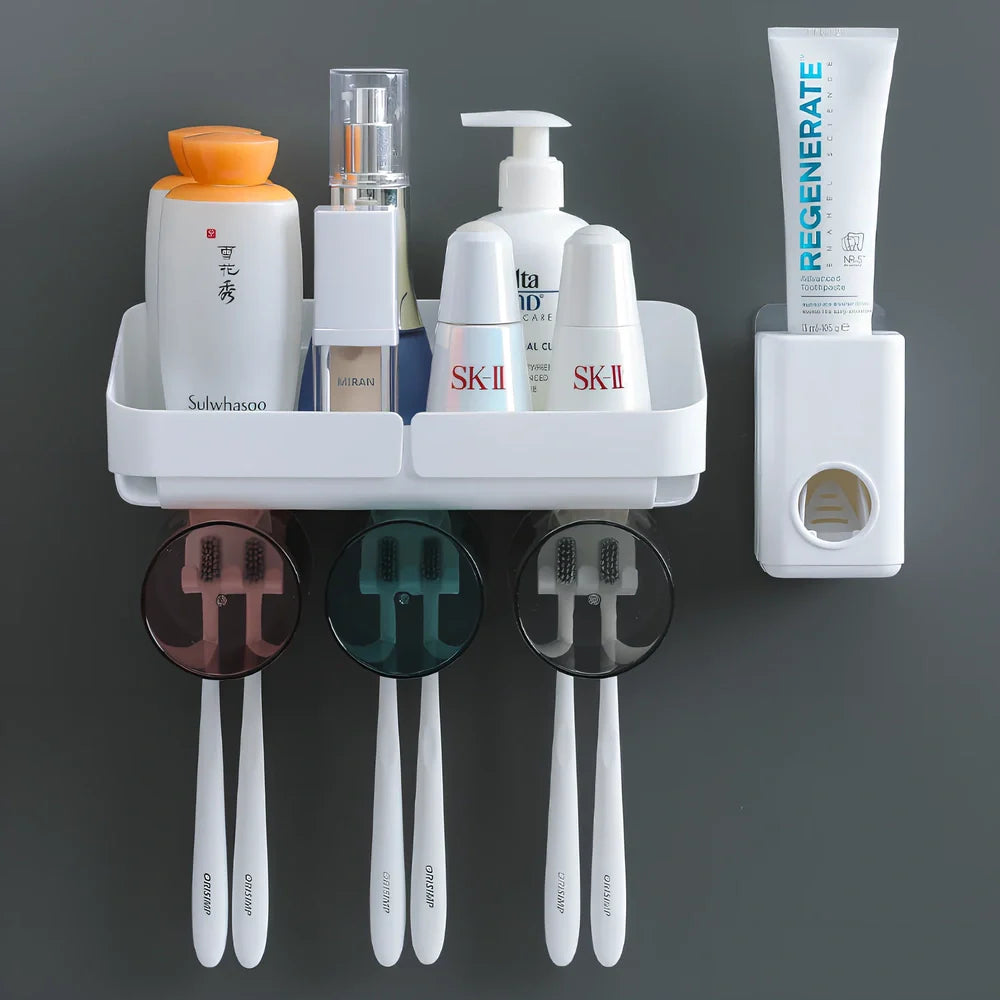 Two-cup wall-mounted toothbrush rack with toothpaste squeezing mechanism in white ABS plastic