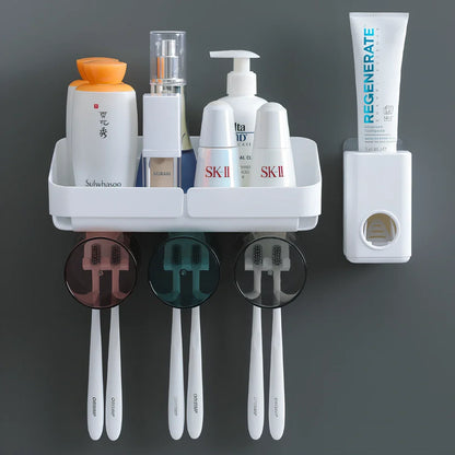 Two-cup wall-mounted toothbrush rack with toothpaste squeezing mechanism in white ABS plastic