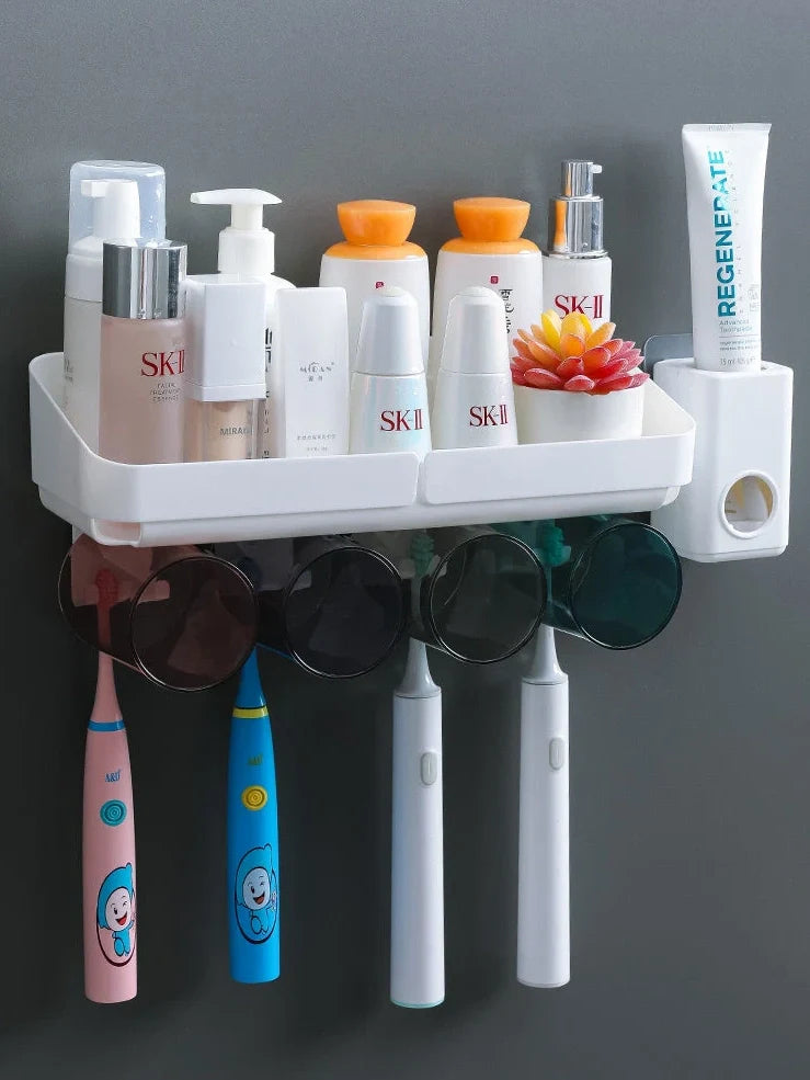 Two-cup wall-mounted toothbrush rack with toothpaste squeezing mechanism in white ABS plastic