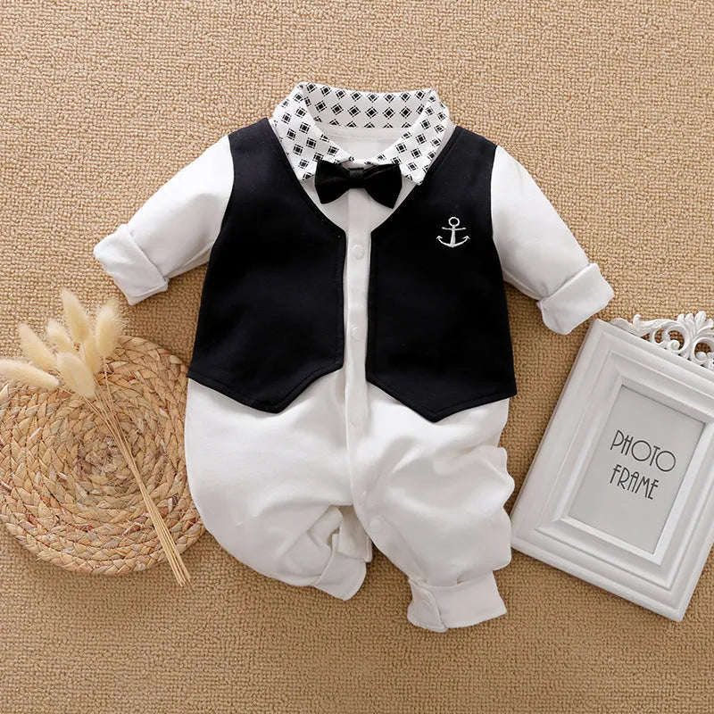 Baby jumpsuit spring and autumn cotton long-sleeved romper suit for newborn to 24-month baby boy clothes in gentleman style with multiple colour options including navy blue, grey, white and checked patterns