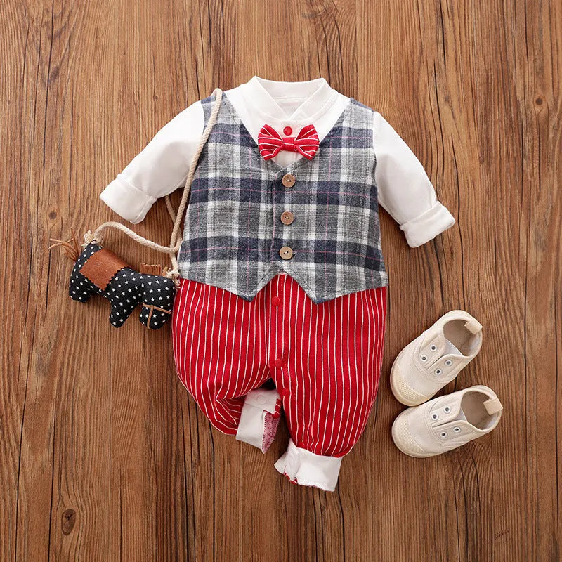 Baby boy in a long-sleeved cotton jumpsuit, gentleman style with collar, in navy blue colour.