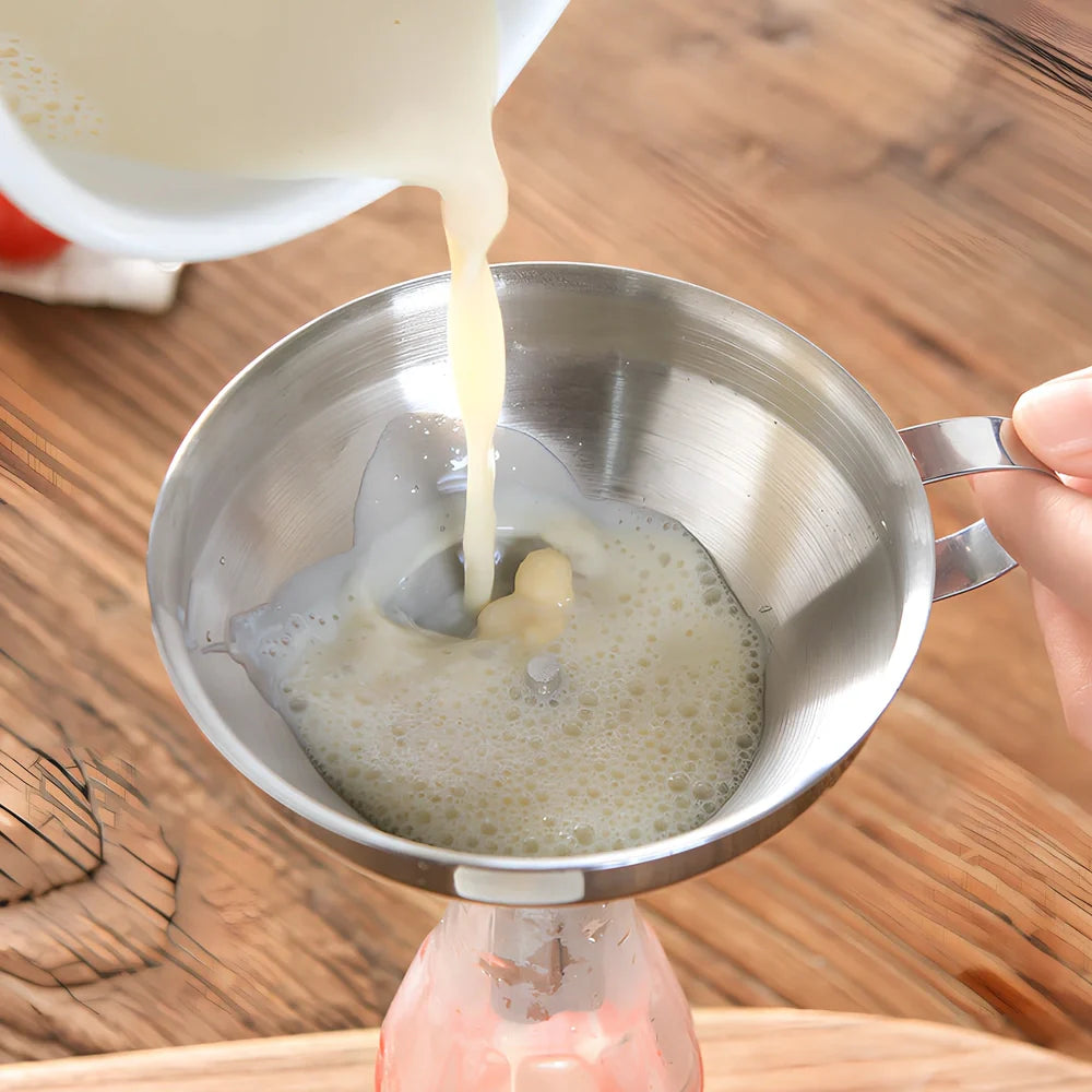 Small stainless steel funnel with 1.6cm thick tube and filter sieve for kitchen liquid transfer